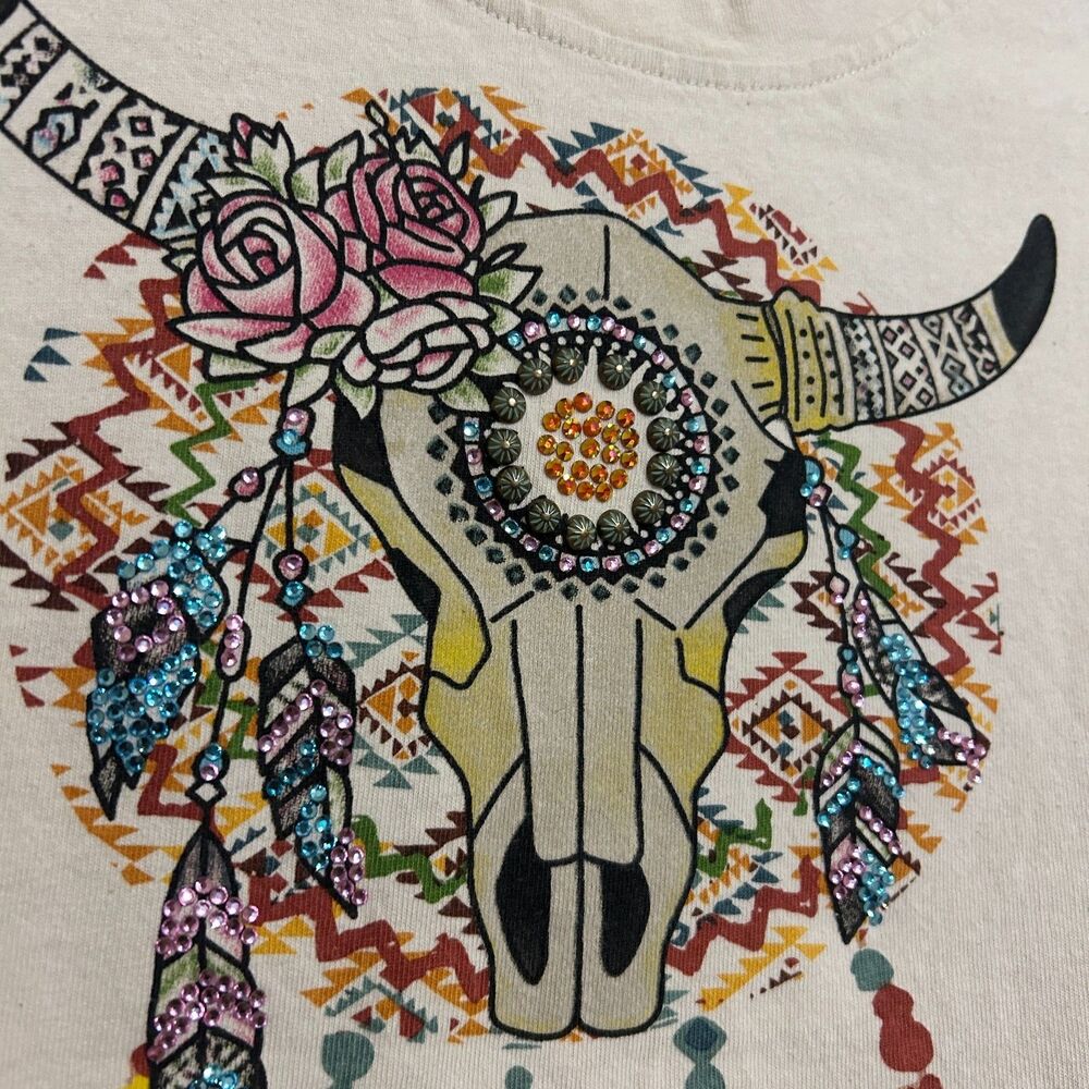 American Bling T-Shirt Women 2XL XXL Cream Embellished Dreamcatcher Southwestern - Picture 5 of 7